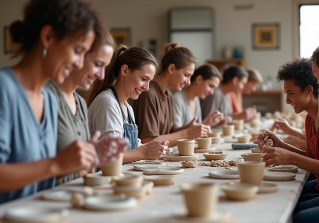 Groupe de personnes souriantes participant à un atelier de poterie.