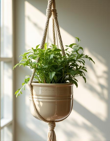 Jardinière en poterie suspendue par des cordes en macramé.