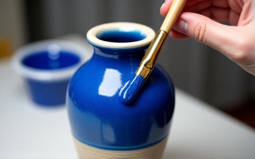 Application d'un émail bleu sur un vase en céramique.