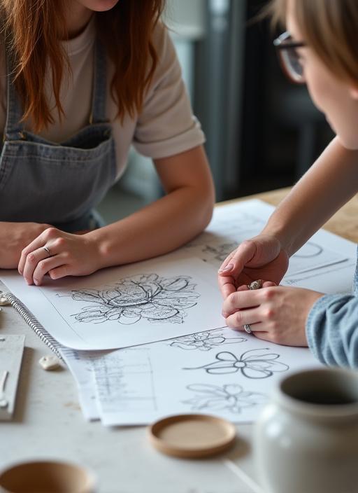 Discussion entre un artisan et un client autour de croquis de poterie.